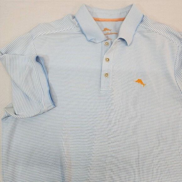 Tommy Bahama Size Large Blue and White Striped Polo Men's Shirt V - Picture 6 of 6